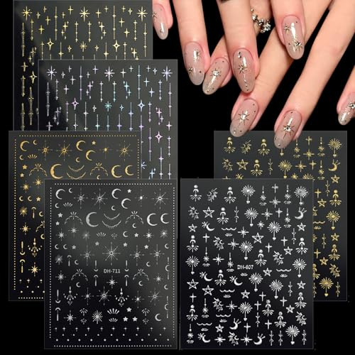 Adesivi Unghie Nail Art, 6 Fogli Stile Bohemian Star Luna Unghie Decals per le Donne Dita dita di Piedi fai da te Design Accessori di Decorazione