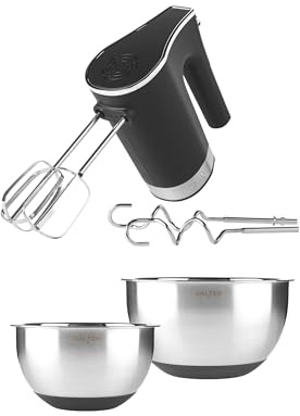 Salter Hand Mixer & Mixing Bowl Set – 2pk 20 & 24cm Stainless Steel Baking Bowls, Electric Baking Whisk with 5 Speeds & Turbo, Includes Beater & Dough Hook, Silicone Non-Slip Base