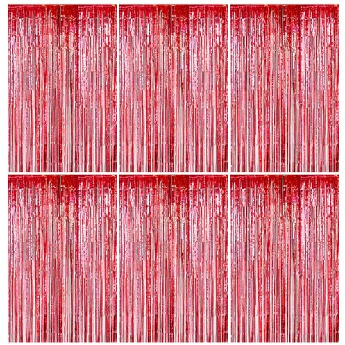 6pcs Red Foil Curtain, 3.2ft x 6.5ft Red Tinsel Curtains, Tinsel Foil Fringe Curtains, Glitter Party Curtain, Metallic Tinsel Streamers Backdrop For Party Birthday Holiday Backdrop Decoration