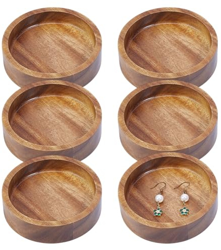 MAYJOYDIY 6 vassoi rotondi in legno di acacia da 10 cm, vassoio decorativo per gioielli, piccoli vassoi da bagno per collane, bracciali, espositori, feste di nozze, piatti da portata