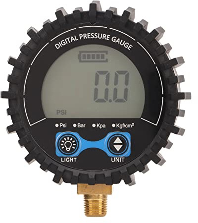 Klanata Digitales Reifenfüller Manometer, Reifendruckmesser 3–200 PSI, 4 Einheiten PSI kPa Bar kgf/cm², 1/8 10 mm Gewinde, ABS Kupfer, ohne Batterien