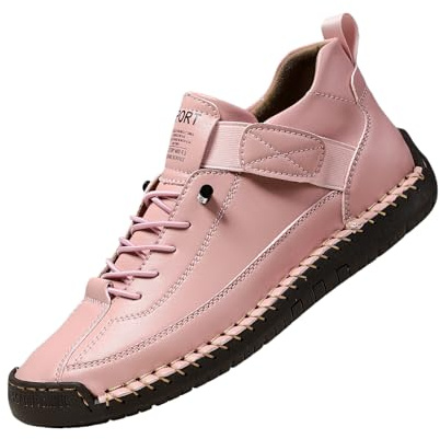 Bekväma ortopediska sneakers, lätta och andningsbara handgjorda läderskor för kvinnor, modernt mode dra-på loafer, Rosa, 40 EU Bred