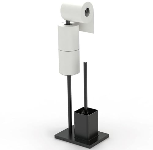 Houbobo Toilet Paper Holder Free Standing with Toilet Brush, Rustproof Metal Toilet Paper Holder Stand with Anti-Slip Thickened Base, Bathroom Organiser for Toilet Paper and Brush Storage, Black