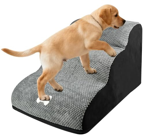 Dromzen Rampa para Perros de 3 Peldaños, Escalera para Perros Pequeños con Funda Lavable y Fondo Antideslizante, Escaleras para Mascotas, Escalera para Cama de Esponja para Cama y Sofá(Gris)