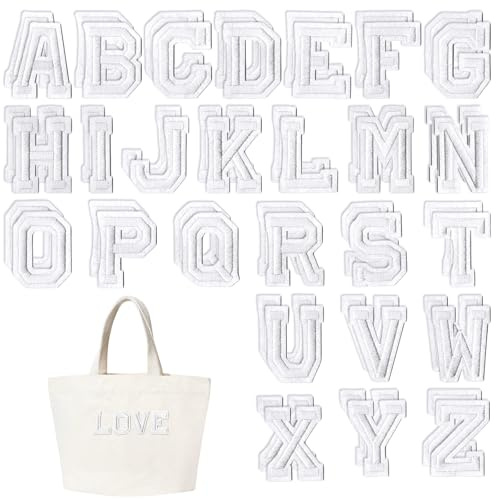 52 Stück Buchstaben zum Aufbügeln, Buchstaben Aufbügeln Alphabet A-Z Bügelbuchstaben für Textilien Aufbügel Patches mit aufgebügeltem Kleber für Jacken, Mäntel, Hemden, Hüte, Taschen, Jeans (Weiß)