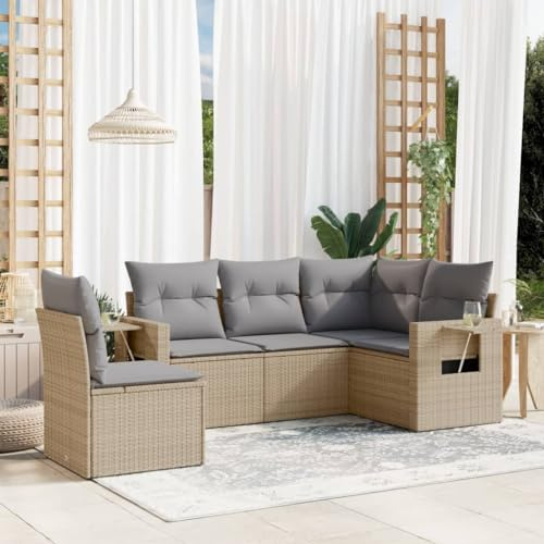 JHQHSM 5-TLG. Garten-Sofagarnitur mit Kissen Beige Poly Rattan, Wetterfeste Outdoor Möbel mit Stauraum und Ablageflächen, Modulares PE Rattan Sofa Set für Terrasse und Balkon,