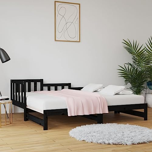 Owoxanthellate Tagesbett Schwarz 160x200 ausziehbar aus massivem Kiefernholz mit Lattenrost, klappbares Gästebett Sofa in Einem für Wohnzimmer Schlafzimmer