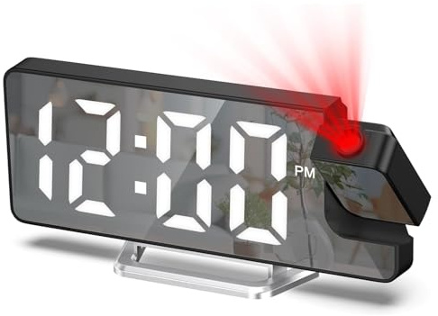 Maoskax Projection Alarm Clocks for Bedroom LED Digital Clock 180° Rotatable Projector Mirror Display Snooze Date Temperature 12/24H 3-Level Brightness for Home Office (Adapter Not Included)