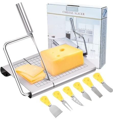 Pershook Heavy Duty Cheese Slicer for Block Cheese with 6Pcs Cheese Knife Set, Stainless Steel Cheese Cutter Board with Precise Measuring Grid and Non-Slip Feet, Dishwasher Safe