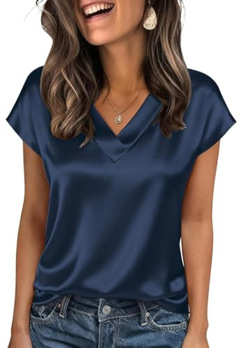 OLIPHEE Tshirt Seta Donna Elegante con Scollo a V Manica Corta Satin Blusa Donna Estiva Primavera Camica in Raso Loose Business Top da Ufficio in Tinta Unita Blu Scuro XL