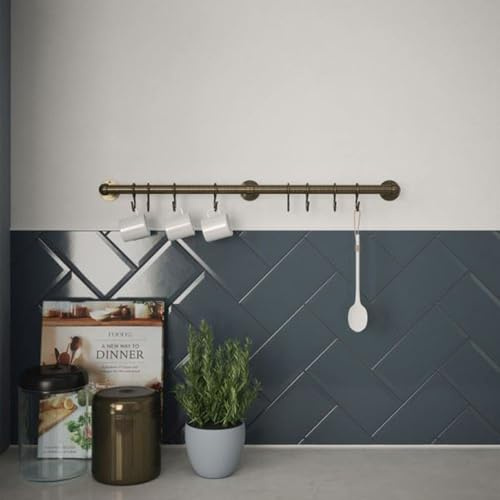 Forgeworks Easy-Fit Kitchen Utensil Rail Kit 60cm with 8 Sliding S Hooks in Antique Copper - Wall Mount Hanging Storage for Cooking Utensils