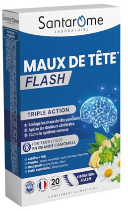 Santarome - Maux de Tête Flash - Triple Action - tête lourde - Grande Camomille fortement dosée - Libération Flash - Caféine, PEA - Complexe PGA : Plantes, huile essentielle & Bourgeons - 20 comprimés