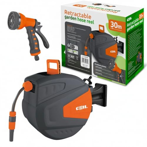 COIL Trädgårdsslang, automatisk slangtrumma, väggmontering, Smart Stop, 9 sprayfunktioner, inkl. sprutpistol, 2 m inloppsslang, 30 m