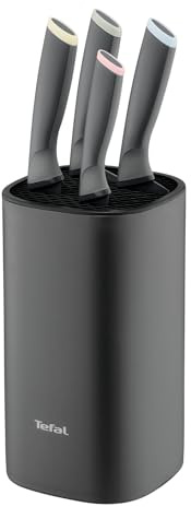 Tefal Slicy Knives, Set de 4 cuchillos + Bloque: Chef 15 cm, Santoku 12 cm, Utilitario 12 cm, Pelador 9 cm y, Cuchillas antiadherentes, Almacenamiento fácil, Colores identificativos