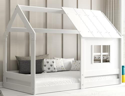Interbeds Kinderbett Bella mit Rausfallschutz & Lattenrost Bodenbett aus Holz Einzelbett Montessori Bed Gitterbett Kleinkindbett bis 120 kg Kiefer Holz massiv Junge Mädchen (Hausbett Weiß, 160x80)