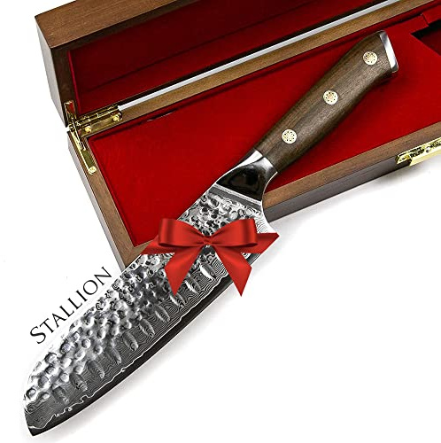 Stallion Santoku Messer Damast 17,5 cm - Ironwood Series - Damastmesser Santokumesser mit Eisenholz-Griff - Damastzener Stahl Küchenmesser aus hochwertigem Japanischen Stahl - Inkl. Edler Holzbox