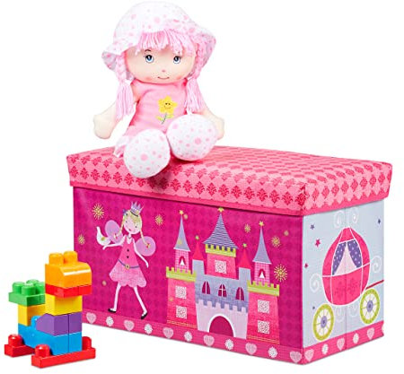 Relaxdays Baúl para juguetes, Taburete infantil, Plegable, Para niños y niñas, Rosa
