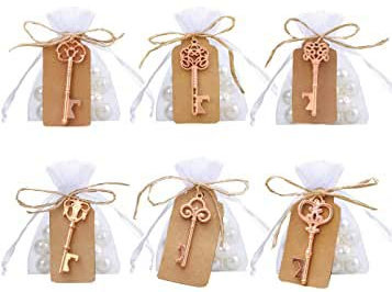 Amajoy Confezione da 30 Portachiavi Vintage a Forma di Scheletro Assortiti con Busta Bianca a Sacchetto Trasparente Favori di Nozze d'Epoca con Regali di Compleanno (6 Stili, Oro Rosa)