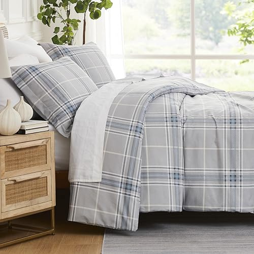 Southshore Fine Living Inc. Duvet Cover King/California King Size Set –Extra Soft Bedding w/ Zipper Closure–King Duvet Cover Set 108x98, 2 Pillow Shams 20x36 – Wrinkle Resistant– Vilano Plaid Grey