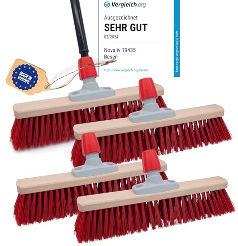 Novaliv 4 escobas de calle de 40 cm I con mango I Elaston rojo I mango telescópico I escoba para exterior I batidor industrial cepillo de jardín escoba multiusos