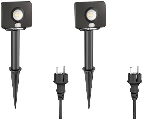 ledscom.de 2 Stück LED Gartenstrahler Wega mit Erdspieß und 15cm Sockel für außen mit Bewegungsmelder, schwarz, 10,837W, 944lm, warm-weiß