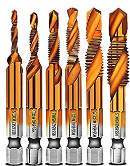 6-teiliges Titan-Kombinationsbohrer-Set, HSS Bit-Set, 3-in-1 Bohrbohrer-Bit-Set, Gewindebohrer mit 1/4-Zoll-Sechskantschaft für Legierung, Holz, Kunststoff, Weichmetall usw. M3-M10 (kurzer Griff)