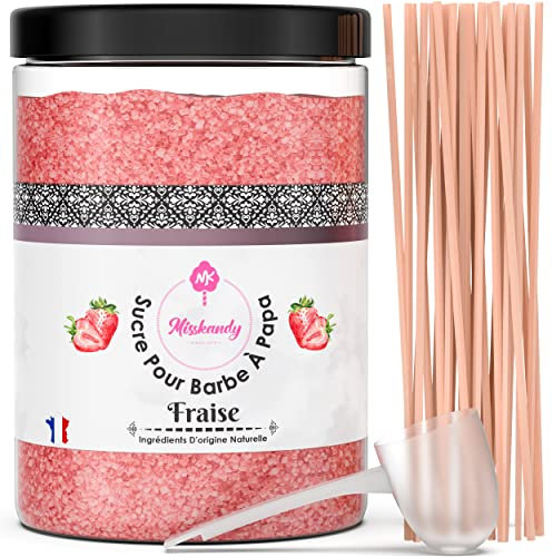 Misskandy®-Sucre Barbe à Papa Fraise 1,340kg (Arôme et Colorant Naturel), pour Machine/poudre barbapapa + 50 bâtonnets (offerts) / Fabriqué en France