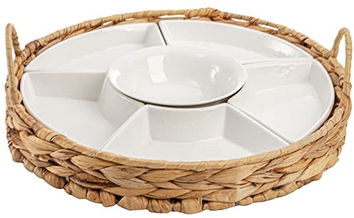 AVLA Ceramic Divided Serving Dishes, Porcelain Relish Tray, Party Appetizer Platter, 6 Removable Snack Bowls with Cattail Basket for Chips and Dips, Candy, Nut, Condiment, Veggie, Portable Handle