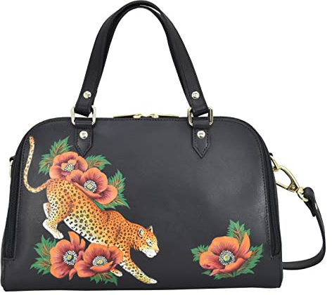Anuschka Damen Women's Original Hand-Painted Leather Wide Organizer Satchel Ranzen, Enigmatic Leopard