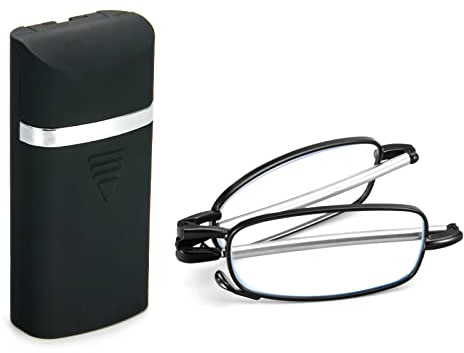 KoKoBin Faltbare Lesebrille aus Edelstahl Mini Anti-Blau Sehehilfe mit Brillenetui für Damen und Herren Kleines tragbares Lesegerät (Schwarz, 2, diopters)