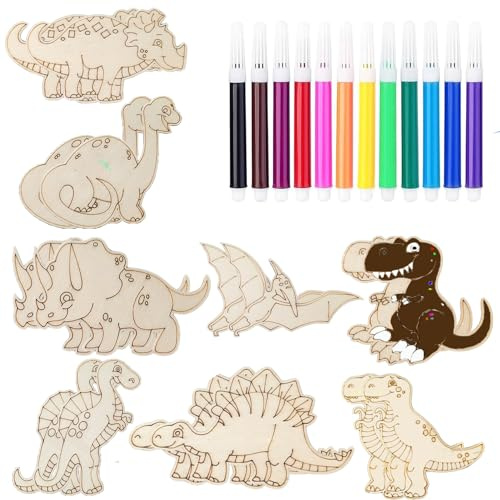 YIEUR 16 Stück Holzscheiben zum Bemalen Dinosaurier Holzscheiben zum Bemalen Kindergeburtstag Holzscheiben zum Bemalen Kinder Basteln Hochzeit Deko Dinosaurier