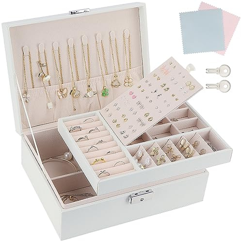 TEIVUL Jewellery Box, 2 Layer PU Leather Jewellery Organiser with 2 Keys and Cleaning Cloth, Suitable for Rings, Earrings, Necklaces-Gifts for Women, Girls（White）