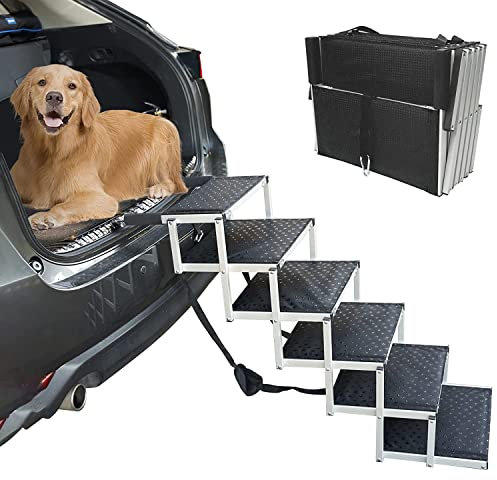 Hunderampe für Hunde, zusammenklappbar, 6 Stufen, Haustier-Hunderampe für große Hunde, tragbare, leichte Aluminiumhalterung und strapazierfähiges, rutschfestes Gewebe, Hundetreppe für Auto, SUV und