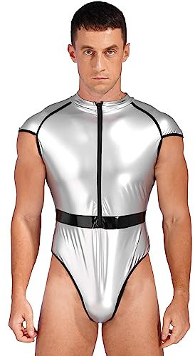 iEFiEL Herren Metallic Body Einteiler Silber Bodysuit Kurzarm Catsuit Faschingskostüm Halloween Gymnastikbody Sportbody Silber 4XL