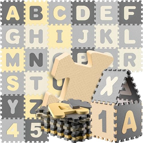 Spielwerk® 86-teilige Puzzlematte Baby Grau 3,3m² Buchstabenteppich ABC Matten für Kinder Spielunterlage Boden Krabbelmatte Kinderzimmer Puzzleteppich Spielteppich für Kinder