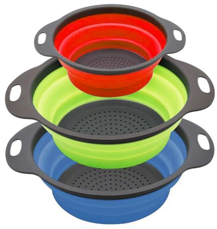 Collapsible Colander/Strainer Set of 3, Silicone Kitchen Strainers with Plastic Handles, 4 Quart & 2 Quart Sink Colander, Perfect for Draining Pasta, Vegetable,Fruits