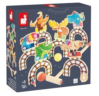 Janod - Set da Croquet per Bambini Applepop - Gioco di Abilità - 6 Porte + 2 Mazze + 2 Palline - Sviluppa Manualità e Concentrazione - Giocattolo in Legno FSC - dai 3 Anni, J03353