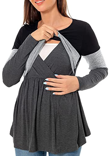 Top premaman per gravidanza Maglioni maternità per l'inverno Girocollo Blocchi di colore Top infermieristici T-shirt per l'allattamento al seno Vestiti per gravidanza Manica lunga Girocollo Patchwork