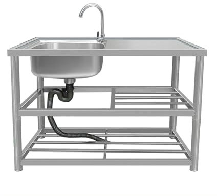 Freistehende Einzelbecken-Spüle Küchenspüle Edelstahl Einzelbecken Badezimmer Waschbecken Universalspüle Freistehendes Spüle mit Werkbank und Kaltwasserhahn mit Schlauchanschluß Waschtisch (Color : T
