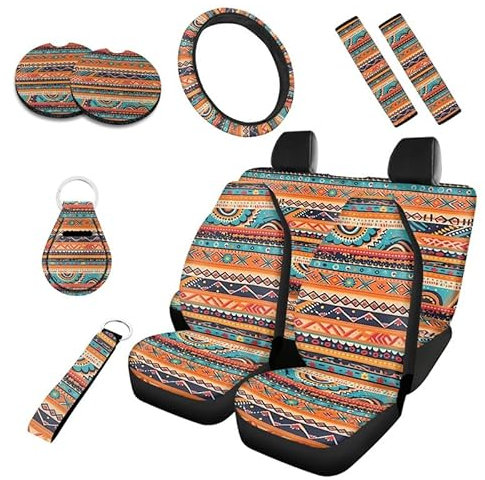 Kuiaobaty Autositzbezüge, Boho-Stil, ethnische Streifen, universal, vollständiges Set, 10 Stück, bunte Autositze, Schonbezüge passend für Minivan, SUV