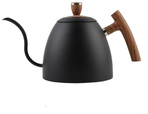 Bouilloire à bec verseur en acier inoxydable de 1500 ml avec poignée en bois pour café, bar, cuisine (noir)