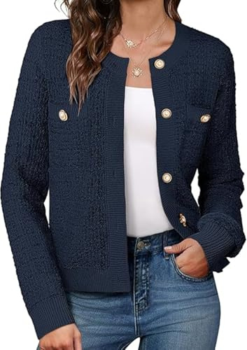 GRACE KARIN Women's Cardigans 2024 Ladies Elegant Buttons Knit Sweater Warm Fluffy Autumn Winter Work Office Outerwear Navy Blue L