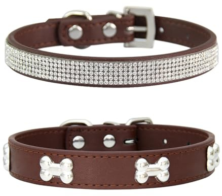 Suiecuor 2 teiliges lederhalsband Hund, hundehalsband Strass welpenhalsband mit Metallknochen Dekoration geeignet für kleine mittelgroße Hunde und Katzen Braun XS