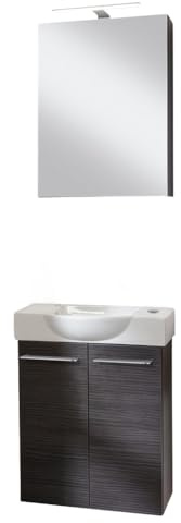 FACKELMANN SBC B.PERFEKT Gäste-WC Waschtisch Set, 55 cm breit, Anthrazit/Dark Oak, Waschbecken Keramik Weiß, Spiegelschrank mit LED, Türanschlag rechts