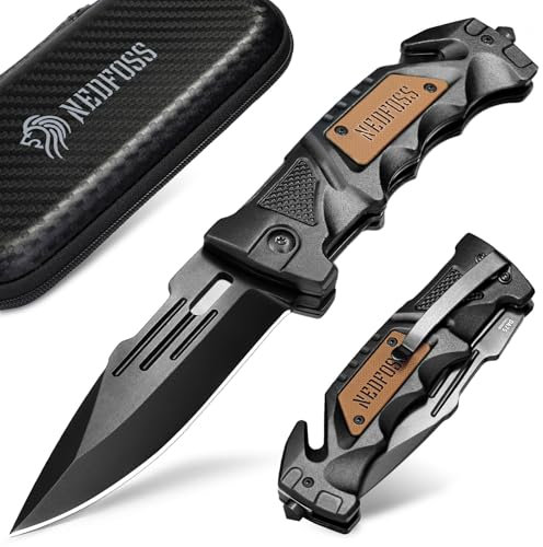 NedFoss DA75 Zweihandmesser, 10CM Taschenmesser mit Gurtschneider & Glasbrecher, Legales Klappmesser mit Liner Lock & Kugellager, Survival Messer Outdoor, Rettungsmesser mit Clip in Geschenk-Box