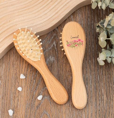 Personalisierte Baby-Haarbürste, Geburtsmonat, Blume, Baby-Haarbürste, personalisierter Name, Babyhaarbürste aus Holz (1 Stück)