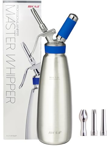 Mosa Professional 1 Quart (1L) Stainless Steel Whipped Cream Dispenser, 3-in-1 Cream Whipper, Nitro Cold Brew Maker & Soda Siphon, NSF Certified - Silver