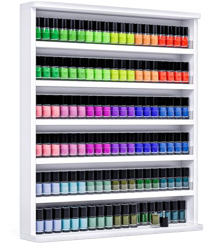 Kikihouse Wood Nail Polish Rack, Wall Mount Nail Polish Organizer, 6 Layers Nail Salon Storage Display Shelves Perfume Bottles Essential Oil Holder w/Acrylic Baffle, White