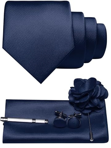 JEMYGINS Pocket Square manschettknappar enfärgad twill slips slips och brosch blommig slips set gåva för fest företag bröllop, Marinblå, M