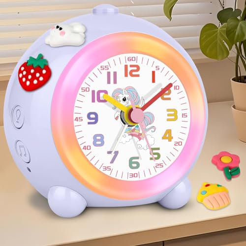 SOCICO Despertador Analógico para Niños, Diseño de Unicornio, Silencioso Sin tictac, Bonito Melocotón con Luz Colorida, Volumen Ajustable (Lila pálido)